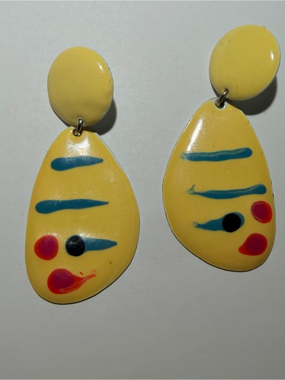 Vintage Yellow Abstract Clip On Drop Dangle Earrings with Blue and Red Accents